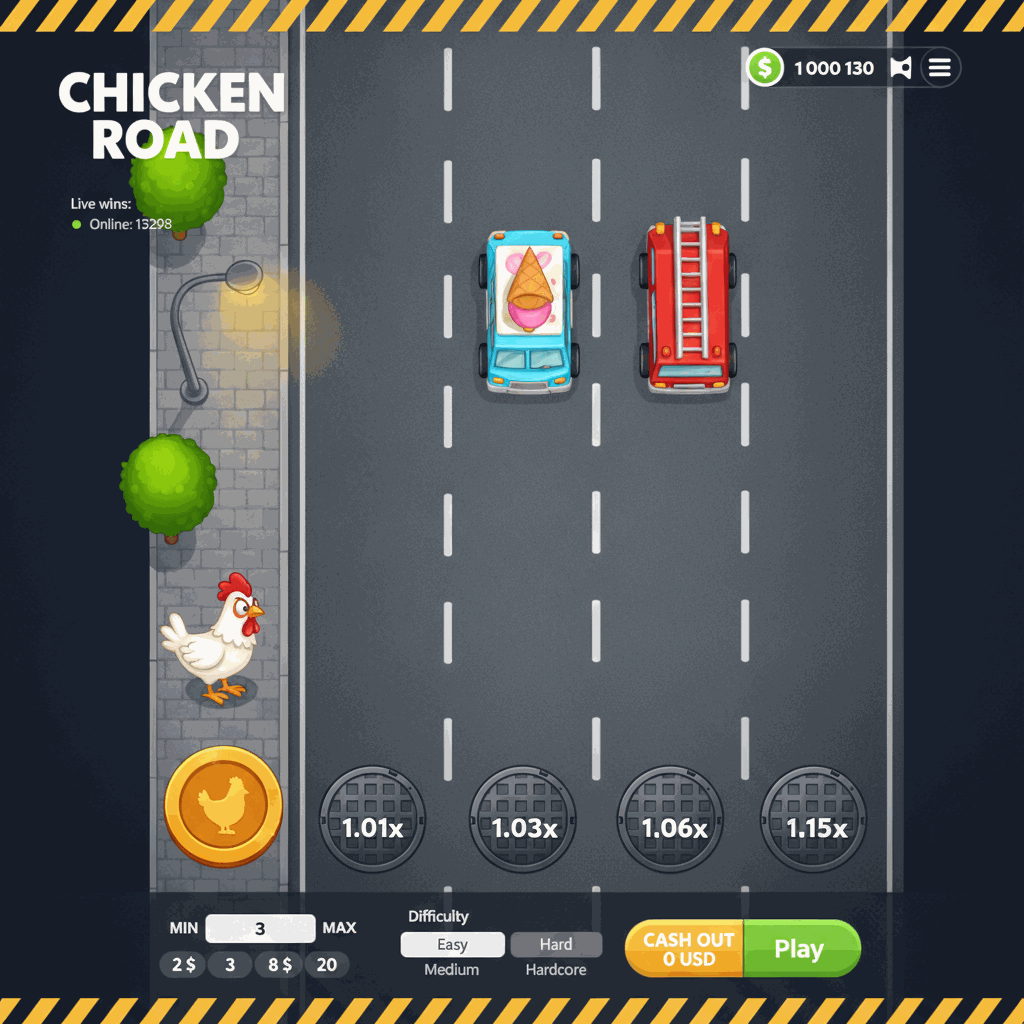 Chicken Road gioco crash con gallina che attraversa strada multi-corsia con auto in movimento, interfaccia di gioco stile cartoon con moltiplicatori su ogni corsia